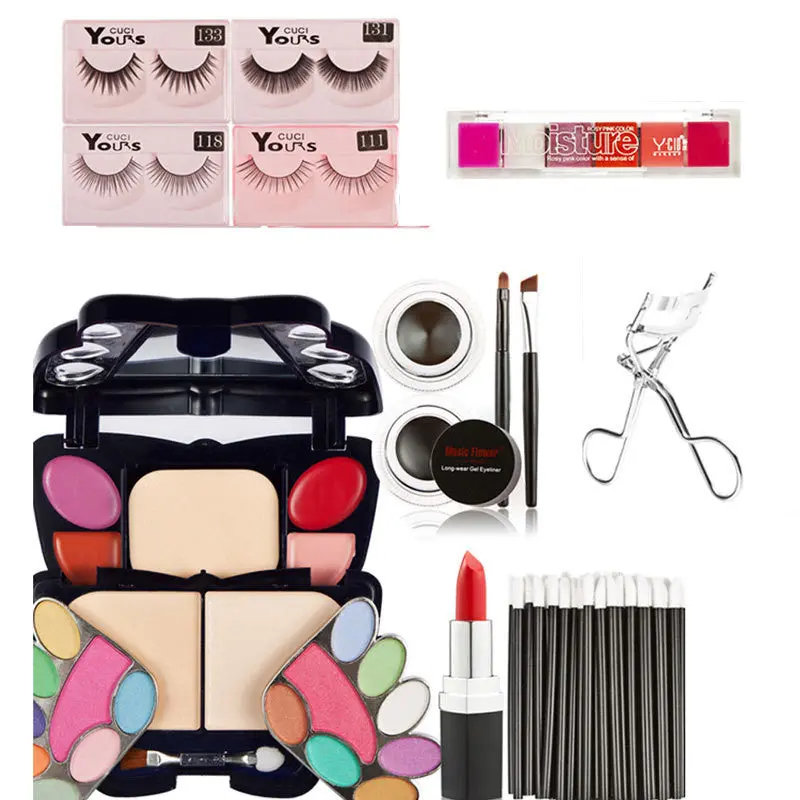 Full Cosmetic Fake Eyelashes Curler Lipstick 6 Color Lip Gloss Palette Gel Brush 1