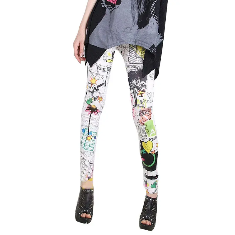 Funky Leggings Women Polyester Slim Graffiti Stretchy Print Leggins Pencil Skinny Pants Graffiti Legging Tousers 1