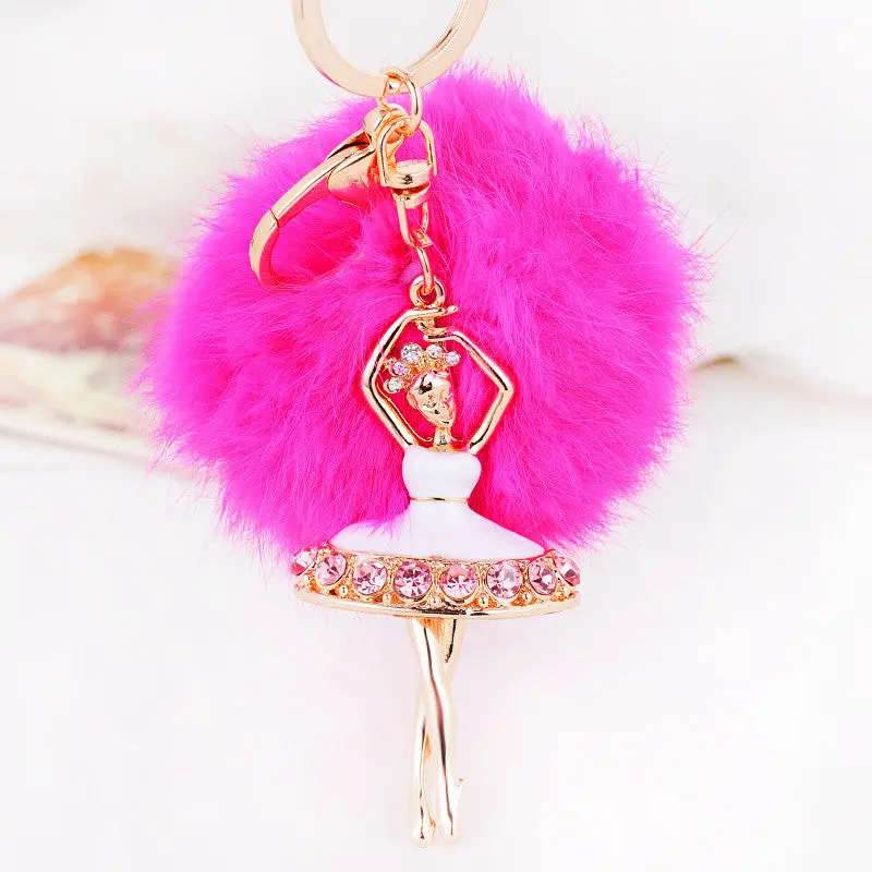 Fur Ball Keychain For Bag Rhinestone Ballet Girl Alloy Car Key Ring Hanging Plush Ball Ornaments Charm Gift 1
