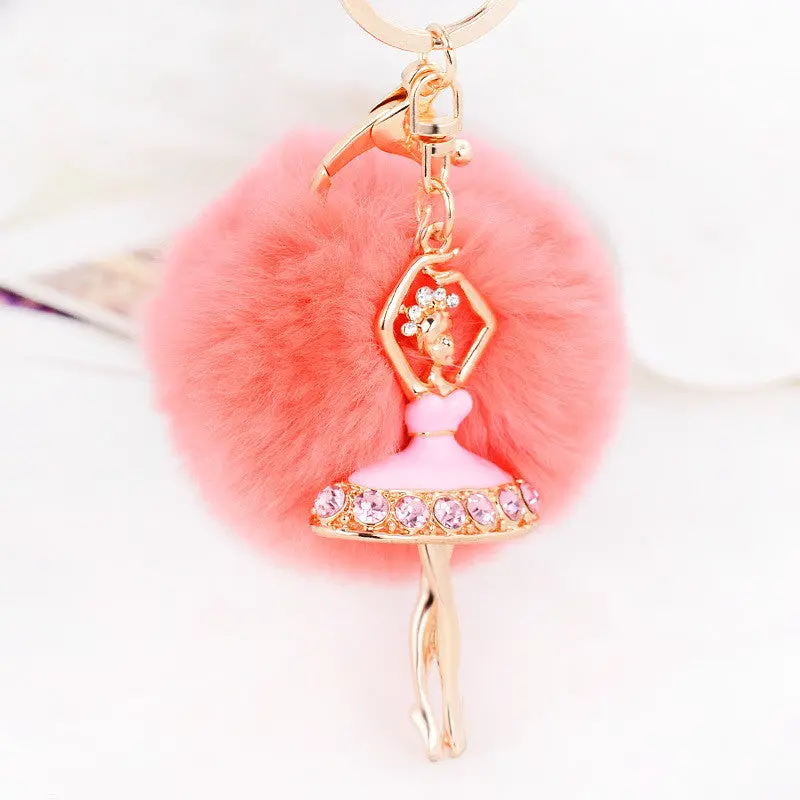 Fur Ball Keychain For Bag Rhinestone Ballet Girl Alloy Car Key Ring Hanging Plush Ball Ornaments Charm Gift 2