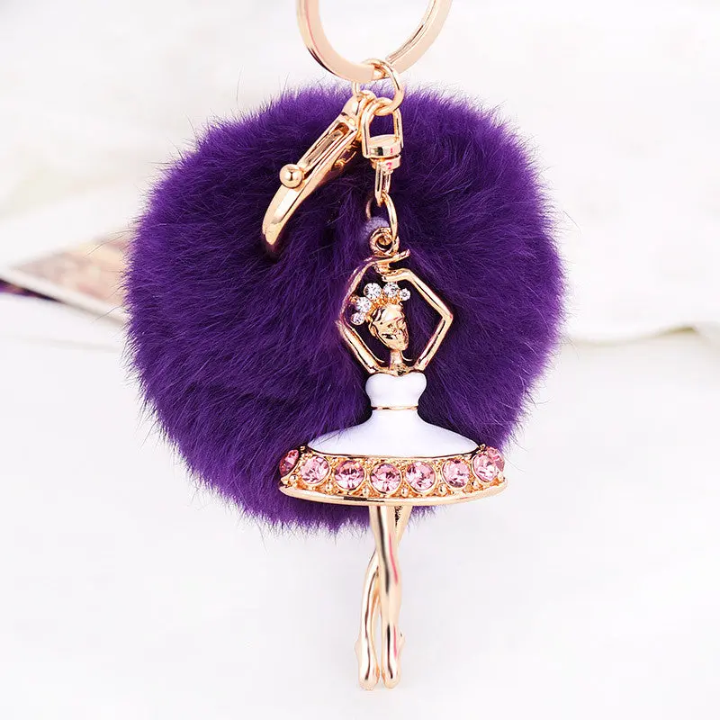Fur Ball Keychain For Bag Rhinestone Ballet Girl Alloy Car Key Ring Hanging Plush Ball Ornaments Charm Gift 3