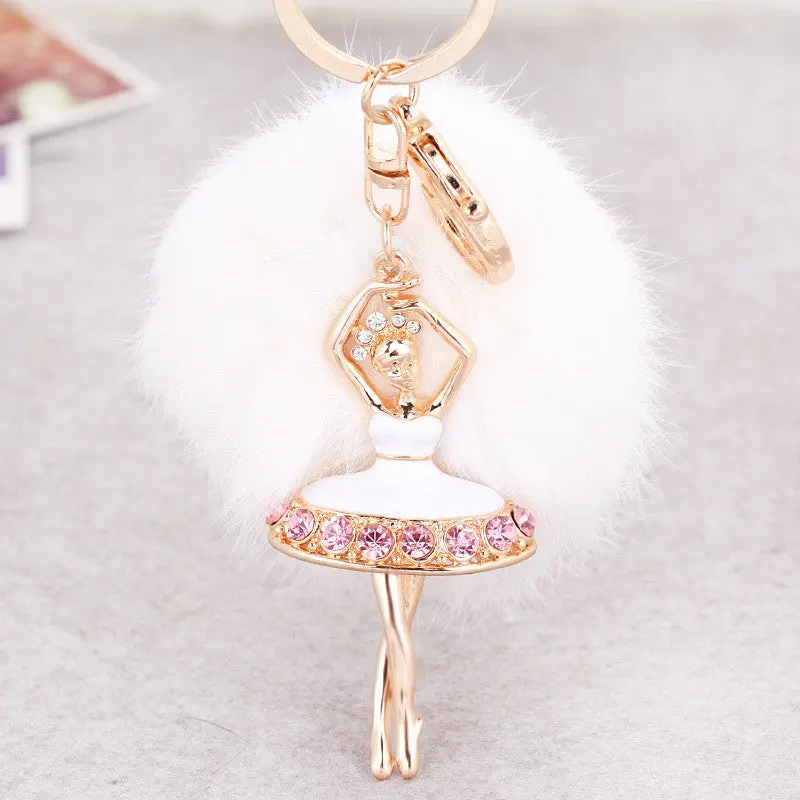 Fur Ball Keychain For Bag Rhinestone Ballet Girl Alloy Car Key Ring Hanging Plush Ball Ornaments Charm Gift 4