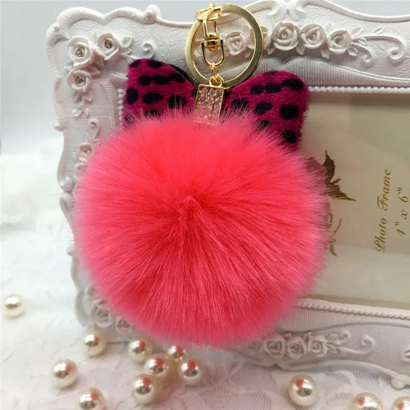 Fur Pom Pom Keychain Fluffy Faux Rabbit Fur Ball Bowknot Charm Car Keychain Handbag Key Ring Colorful Key Chain Women Feida 12