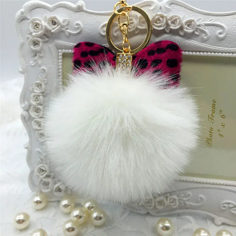 Fur Pom Pom Keychain Fluffy Faux Rabbit Fur Ball Bowknot Charm Car Keychain Handbag Key Ring Colorful Key Chain Women Feida 13