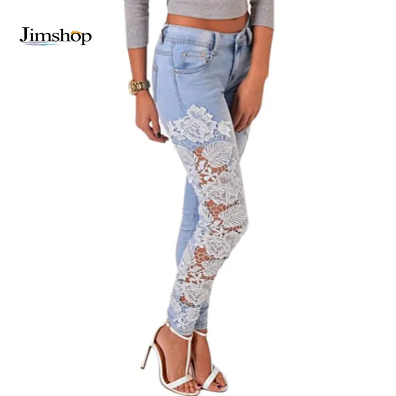 Gagaopt Made Fashion Long Lace Floral Skinny Spliced Hollow Out Hole Straight Denim Jeans Pants For Women 1