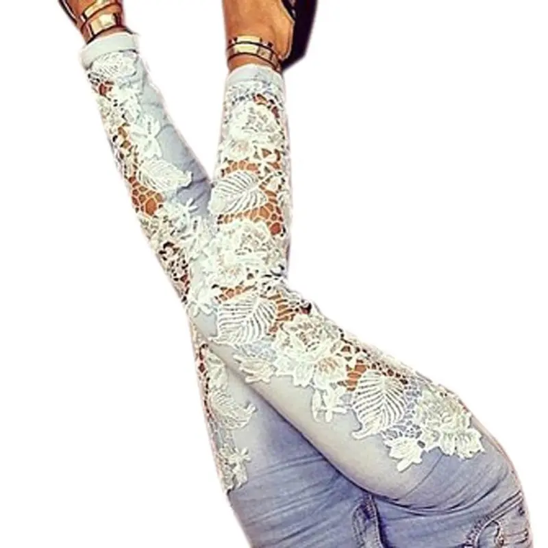 Gagaopt Made Fashion Long Lace Floral Skinny Spliced Hollow Out Hole Straight Denim Jeans Pants For Women 2