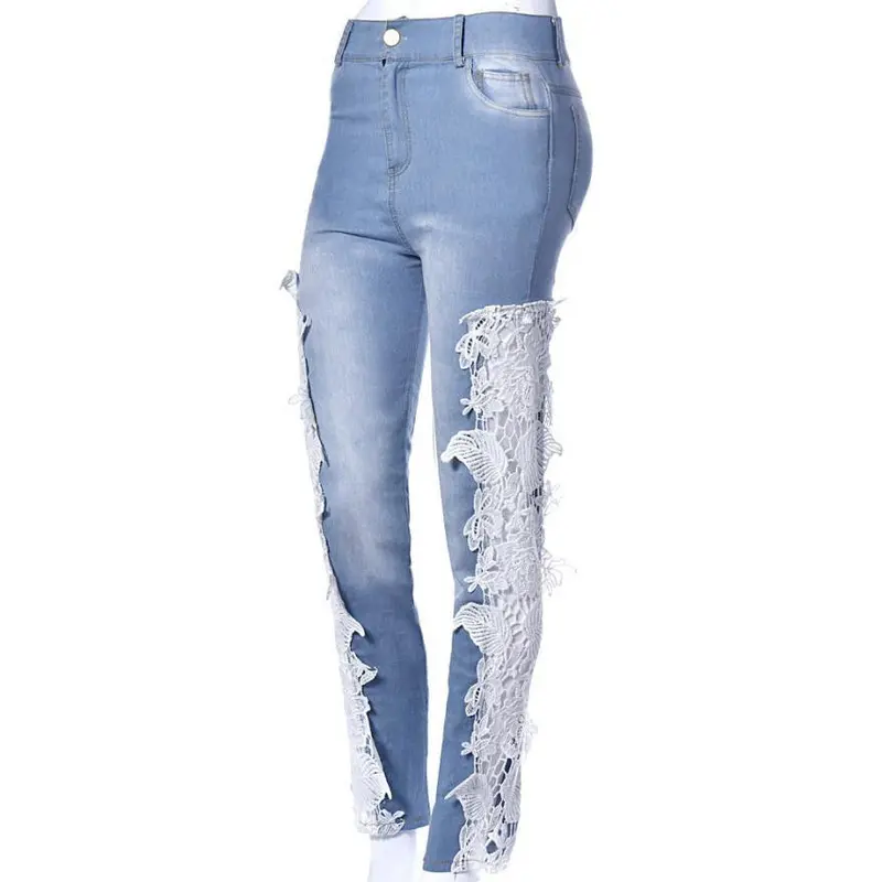 Gagaopt Made Fashion Long Lace Floral Skinny Spliced Hollow Out Hole Straight Denim Jeans Pants For Women 3