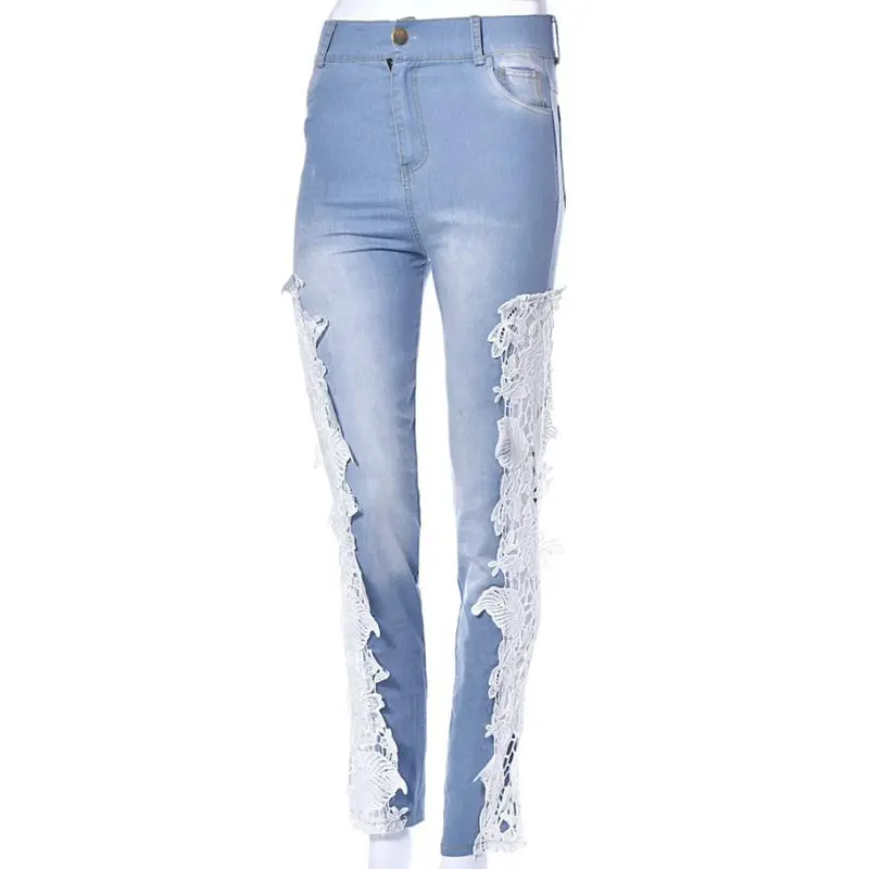 Gagaopt Made Fashion Long Lace Floral Skinny Spliced Hollow Out Hole Straight Denim Jeans Pants For Women 4