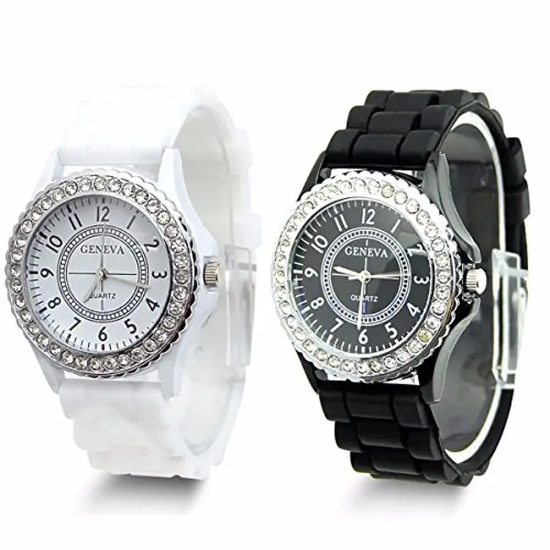 Geneva Black And White Faux Rhinestones Chronograph Silicone Watch Bayan Kol Saati Luxury Watch Women Feida 1