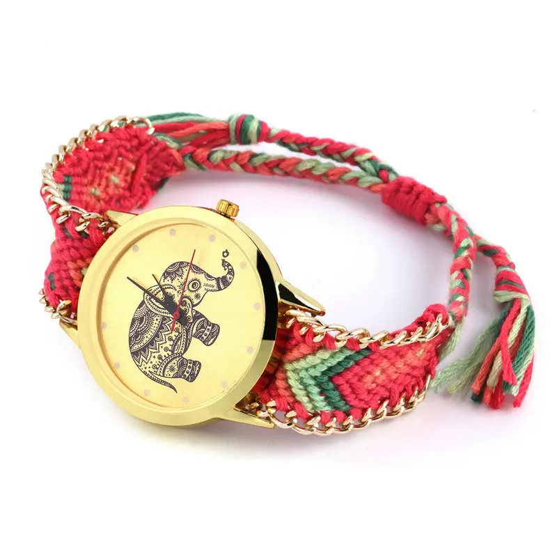 Geneva Ethnic Cotton Blend Braided Analog Quartz Chain Bracelet Wrist Watch Elephant Design 1