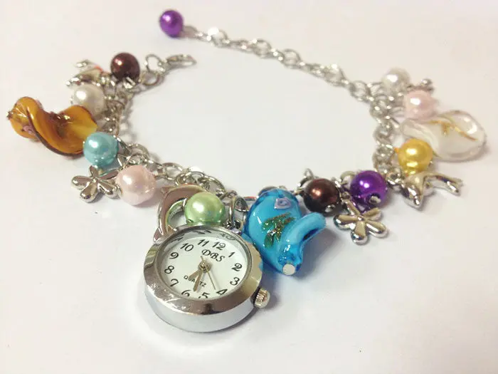 Geneva Watch Women Dress Hour Vintage Flower Girl Colorful Faux Pearl Dolphin Pendant Bracelets Quartz Watch 1