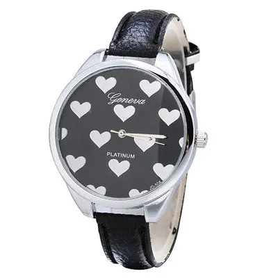 Geneva Watch Women Elegant Clock Pu Leather Band Heartshaped Alloy Dial Black Quartz Wrist Watch 1