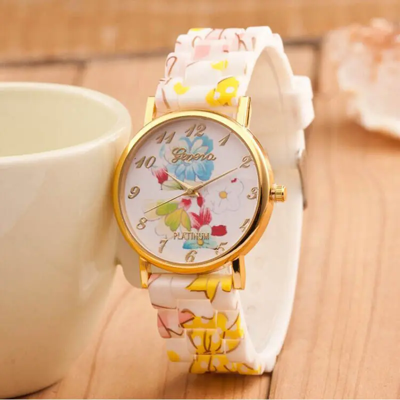 Geneva Watch Women Geneva Flower Print Analog Quartz Silicone Watch Promotional Gifts Lady Dress Clock Just For You 1