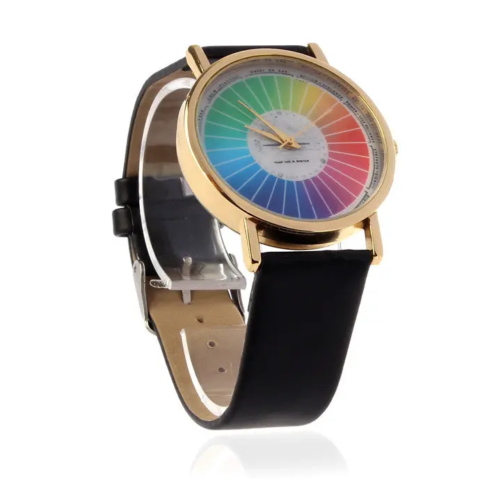 Geneva Watch Women Men Dress Casual Watch Quartz Watch Women Men Rainbow Style Dial Leather Band Quartz Clock 1