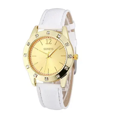 Geneva Women Dress Watches Rhinestone Crystal Relogio Feminino Analog Clock Pu Leather Band Quartz Wrist Watch 7
