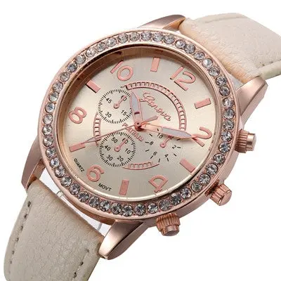 Geneva Women Watch Rhinestone Crystal Dress Clock Analog Pu Leather Band Quartz Watch Relogio Feminino 1