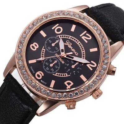 Geneva Women Watch Rhinestone Crystal Dress Clock Analog Pu Leather Band Quartz Watch Relogio Feminino 2