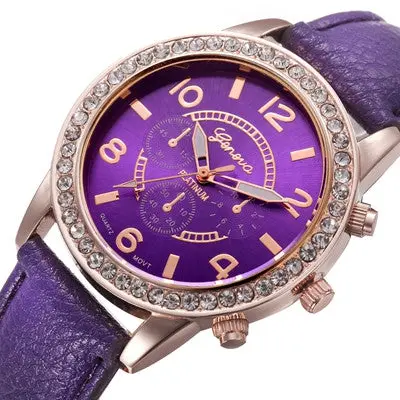 Geneva Women Watch Rhinestone Crystal Dress Clock Analog Pu Leather Band Quartz Watch Relogio Feminino 8