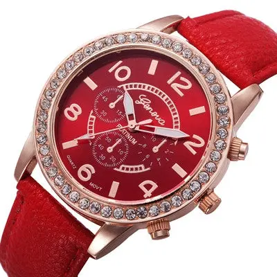 Geneva Women Watch Rhinestone Crystal Dress Clock Analog Pu Leather Band Quartz Watch Relogio Feminino 9