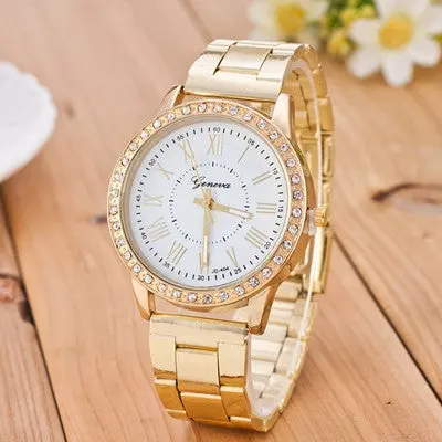Geneva Women Watches Crystal Stainless Stainless Steel Band Gold Clock Quartz Analog Wrist Watch Relogio Feminino 2