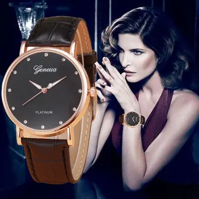 Geneva Women Watches Retro Design Pu Leather Band Analog Rhinestone Crystal Relogio Feminino Quartz Watch 1