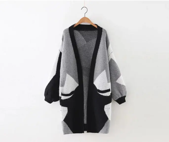 Geometric Black White Gray Contrast Color Cardigan Sweater Women Lantern Sleeve Knitwear Jumper Coat Kleding Jerseis Femme 1