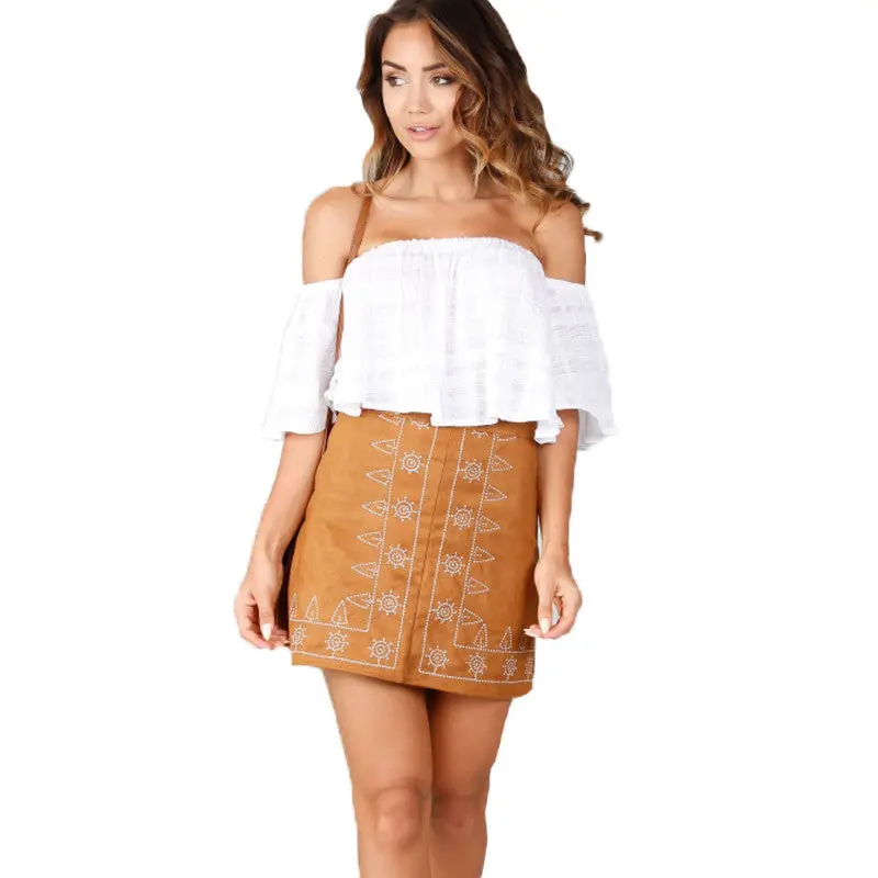 Geometric Embroidery Pencil Skirt Vintage Suede High Waist Skirts Womens Faldas Sexy Wrap Bodycon Skirt Mini Saias 4