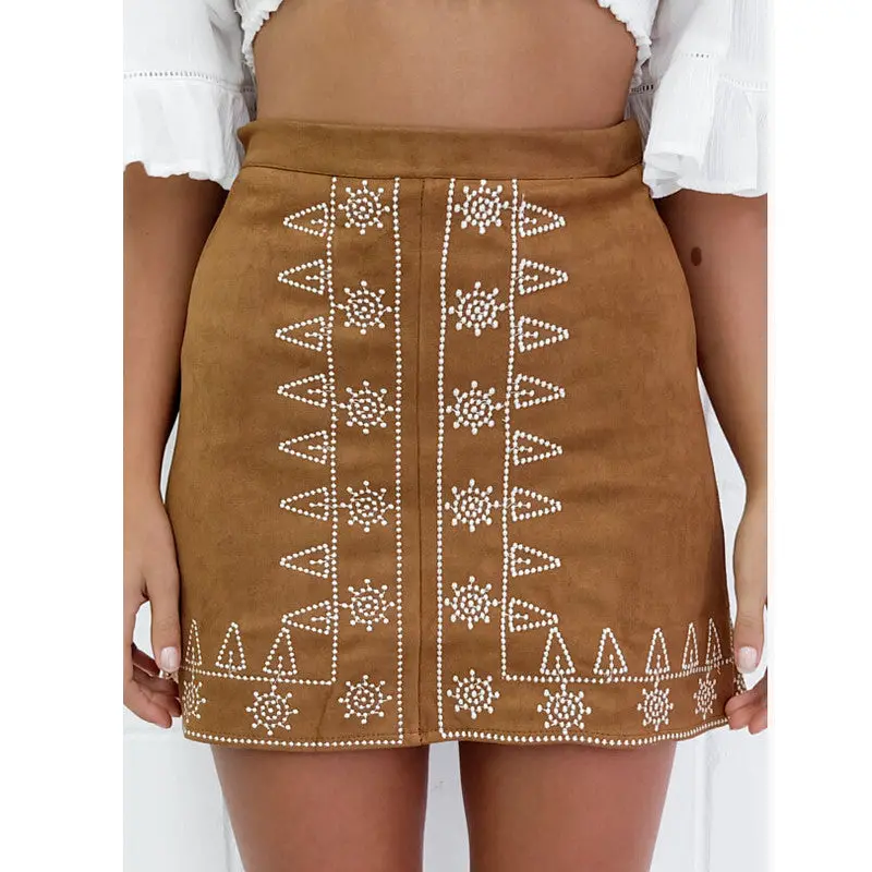 Geometric Embroidery Pencil Skirt Vintage Suede High Waist Skirts Womens Faldas Sexy Wrap Bodycon Skirt Mini Saias 7