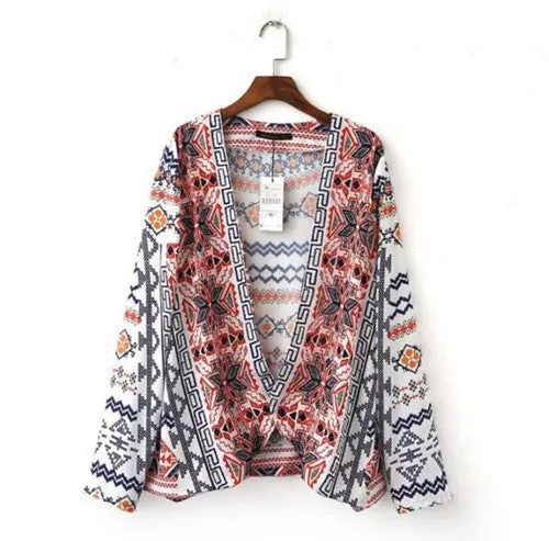 Geometric Print Kimono Shirt Women Retro Long Sleeve Floral Cardigan Kimono Ladies Shirt Tops Shawl Sunscreens 1