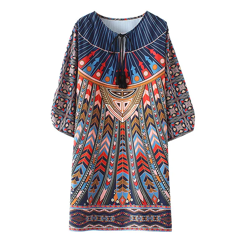 Geometric Retro Women Europe Chiffon Dress Fashion Loose Kimono Vestido De Festa Vintage Women Dress 1