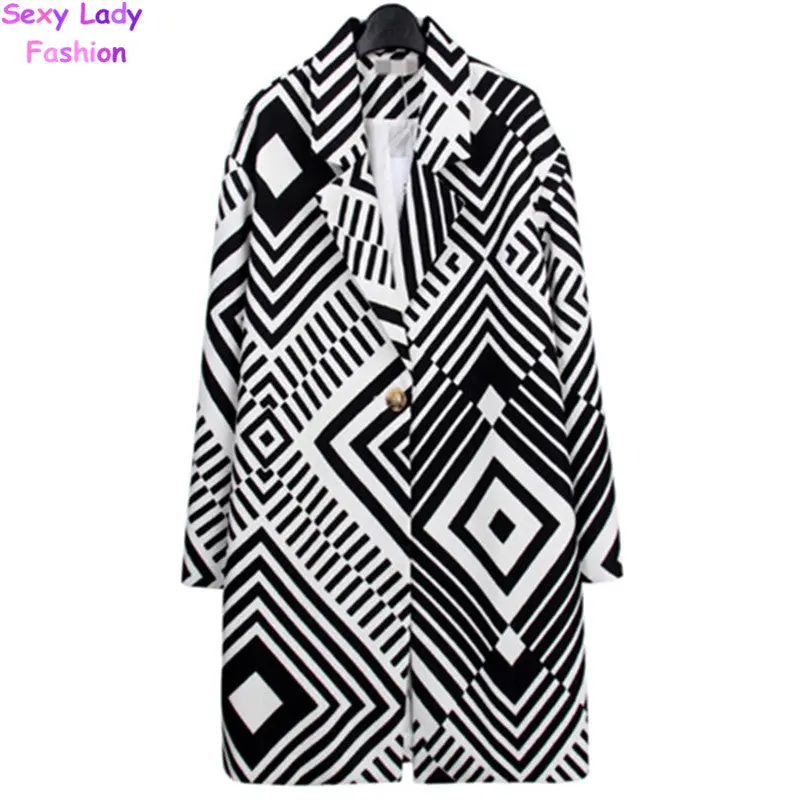 Geometric Striped Print Mid Long Trench Sexy Lady Notched Collar Long Sleeve One Button Long Trench Coat 1