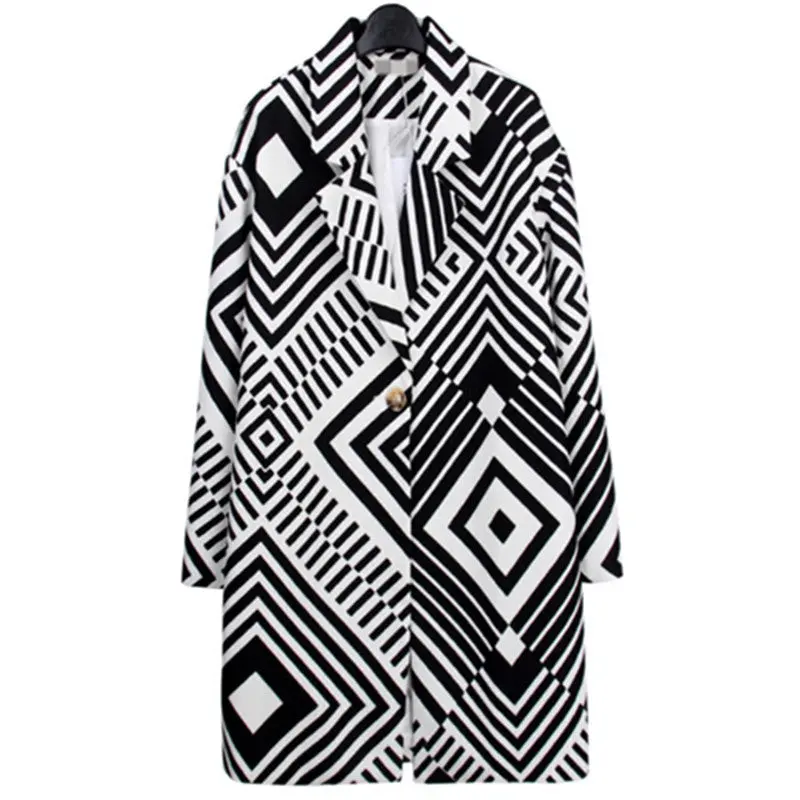 Geometric Striped Print Mid Long Trench Sexy Lady Notched Collar Long Sleeve One Button Long Trench Coat 2