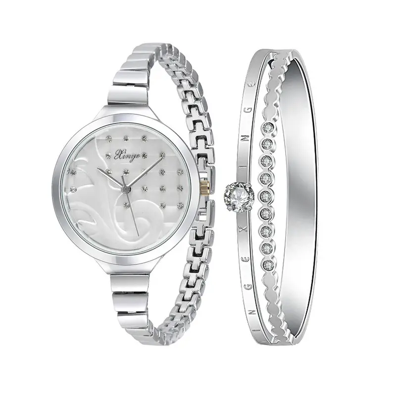Gifts For Women Clock Ladies Watches Silver Rhinestone Bangle Watch And Bracelet Set 189S Feida 1