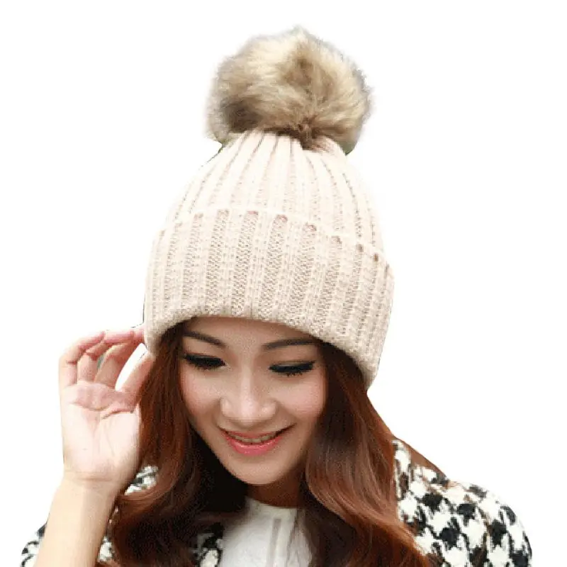 Girl Women Rabbit Fur Ball Warm Hat Crochet Knitted Wool Cap Casquette Hat Better 1