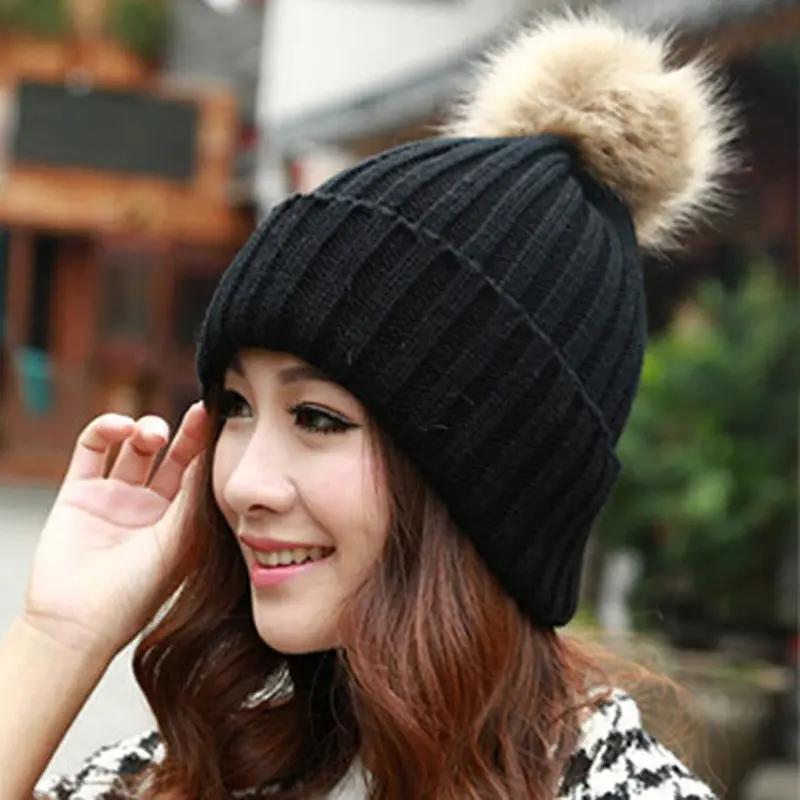 Girl Women Rabbit Fur Ball Warm Hat Crochet Knitted Wool Cap Casquette Hat Better 2