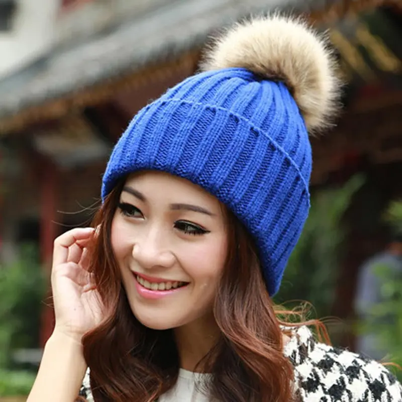 Girl Women Rabbit Fur Ball Warm Hat Crochet Knitted Wool Cap Casquette Hat Better 3