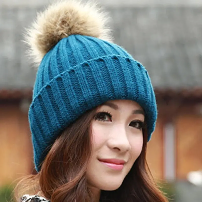 Girl Women Rabbit Fur Ball Warm Hat Crochet Knitted Wool Cap Casquette Hat Better 4