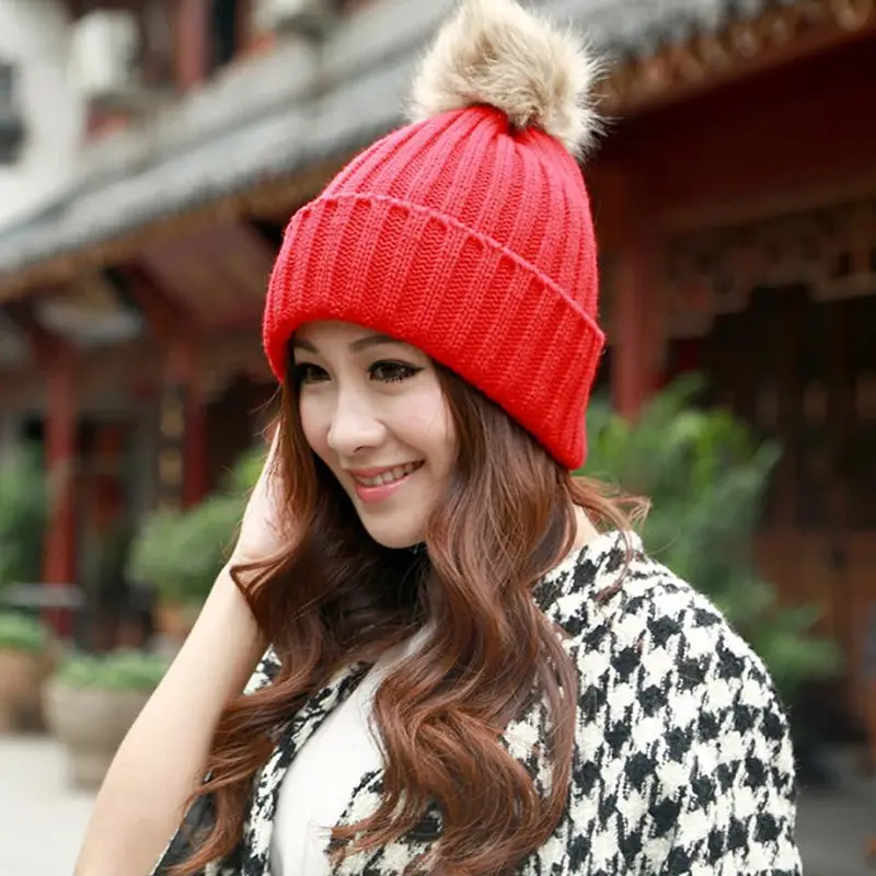 Girl Women Rabbit Fur Ball Warm Hat Crochet Knitted Wool Cap Casquette Hat Better 5