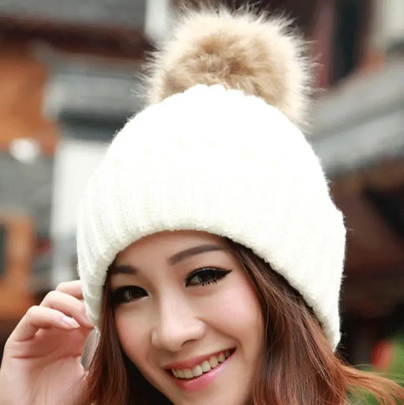 Girl Women Rabbit Fur Ball Warm Hat Crochet Knitted Wool Cap Casquette Hat Better 6