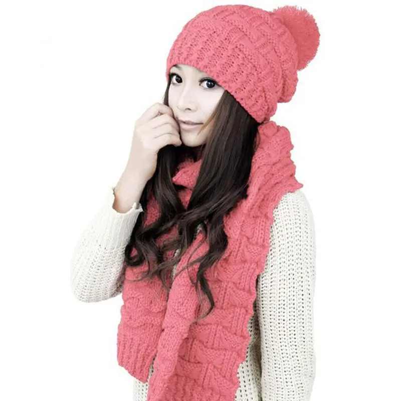 Girl Women Warm Woolen Knit Hood Scarf Shawl Caps Hats Suit Casquette Hat Better 3