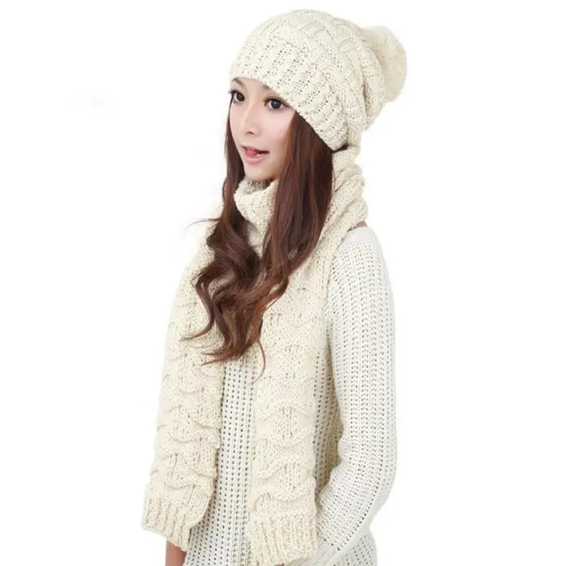 Girl Women Warm Woolen Knit Hood Scarf Shawl Caps Hats Suit Casquette Hat Better 4