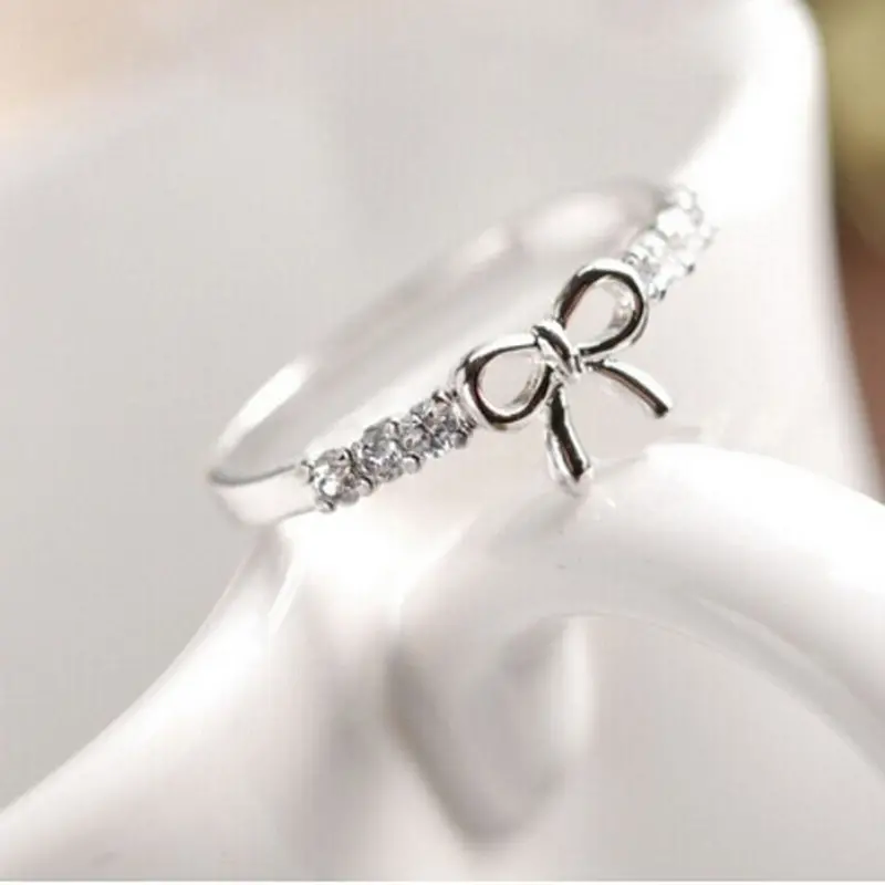 Girl's Elegant Bow Rings Plated Accessories Gold Silver Rings Fine Lovers Korean Jewelry Simple Crystal 2
