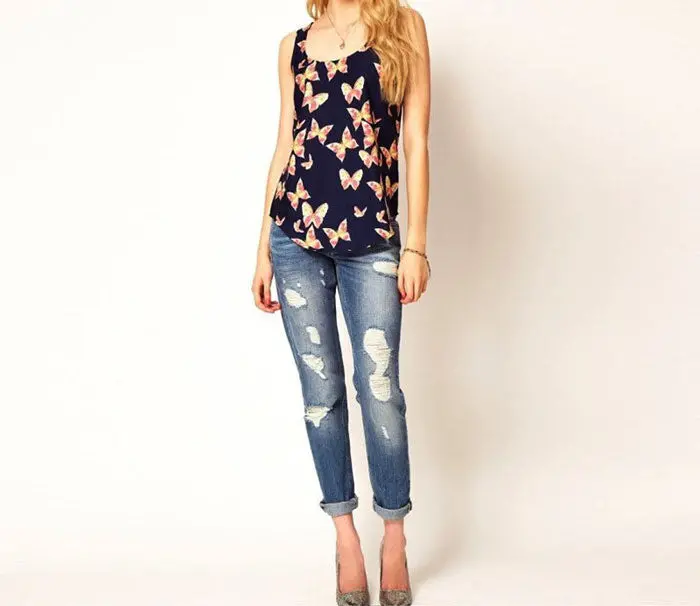 Girls Tops Women Vests Butterfly Print Sleeveless Chiffon Tank Top Casual Shirts Crew Vest S Xxxl 1