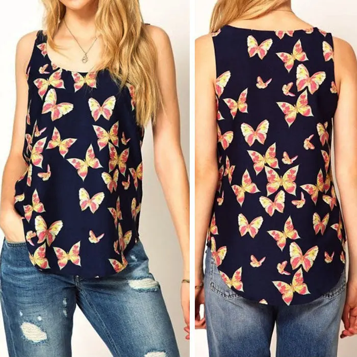 Girls Tops Women Vests Butterfly Print Sleeveless Chiffon Tank Top Casual Shirts Crew Vest S Xxxl 2