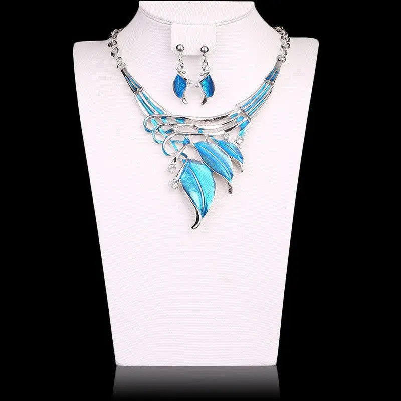 Glaze Leaves Enamel Jewelry Necklace Earring Crystal Jewelry Sets 2