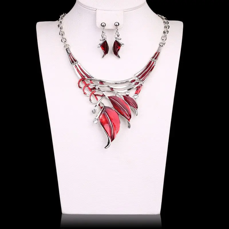 Glaze Leaves Enamel Jewelry Necklace Earring Crystal Jewelry Sets 3