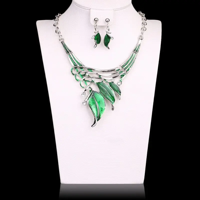 Glaze Leaves Enamel Jewelry Necklace Earring Crystal Jewelry Sets 4