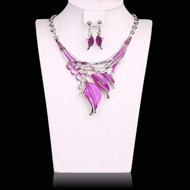 Glaze Leaves Enamel Jewelry Necklace Earring Crystal Jewelry Sets 5