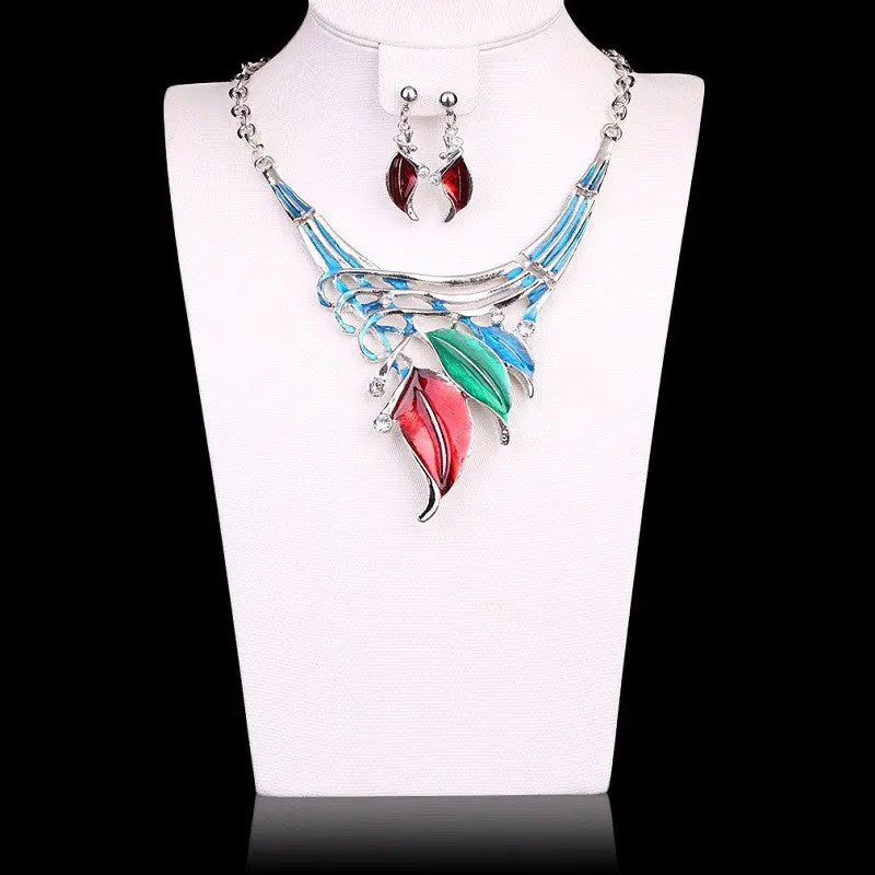 Glaze Leaves Enamel Jewelry Necklace Earring Crystal Jewelry Sets 6