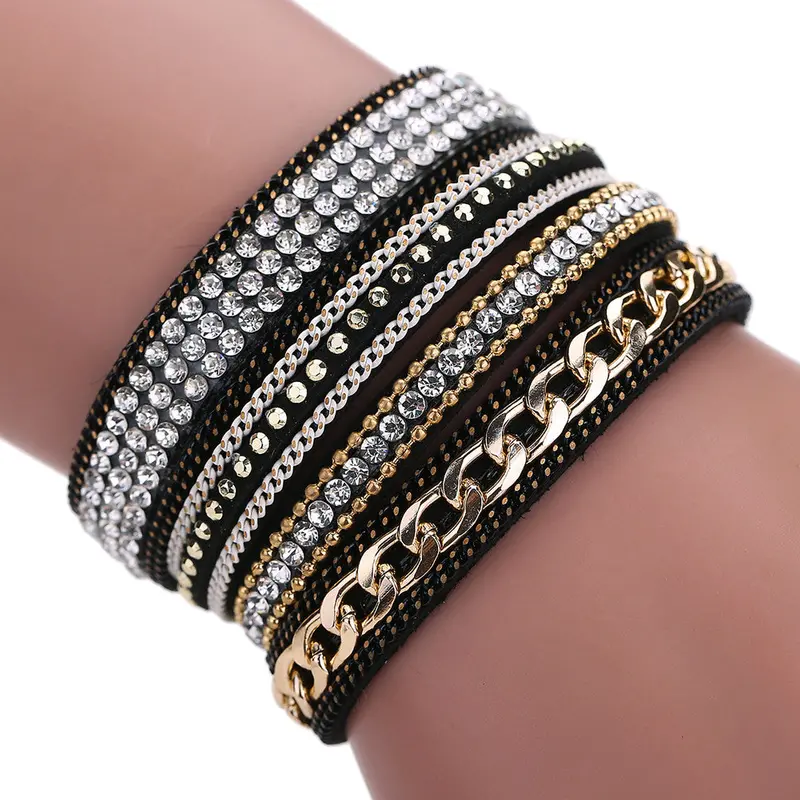 Glittering Crystal Magnetic Buckle Bracelet Wrist Strap Muiltilayer Bracelets Women Rhinestone Leather Bangles Jewelry Feminina 1